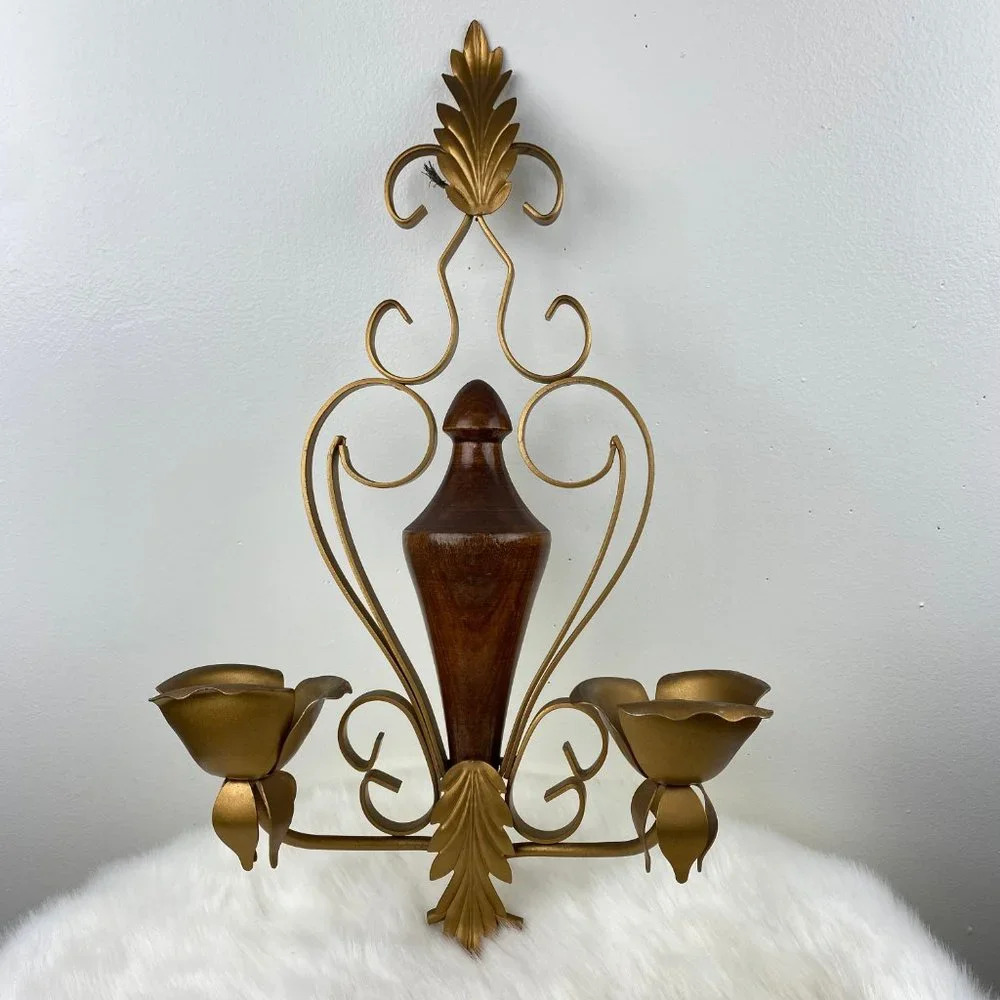 Vintage Wood & Brass Rose Candle Holder Wall Hanging 17.5